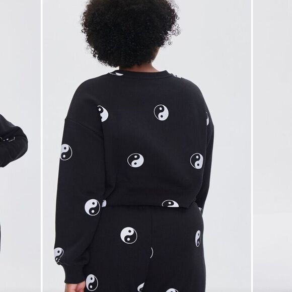Forever 21 (0X/12/L) Black Yin-Yang Cropped Crewneck Sweatshirt Crop Top - Picture 4 of 11